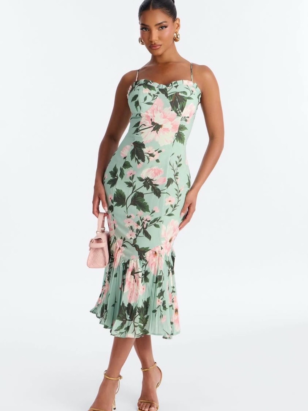Fashion Nova Mint Green Floral Midi Dress with Pink Blooms